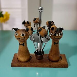 Teak Wooden Cat Salt and Pepper Shakers with Mice Appetizer Forks Set, Kitschy